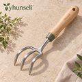 yhunseli™ Fieldcomb 3-Tine Hand Cultivator — Stainless Steel Garden Soil Loosener with Wood Handle for Beds & Containers