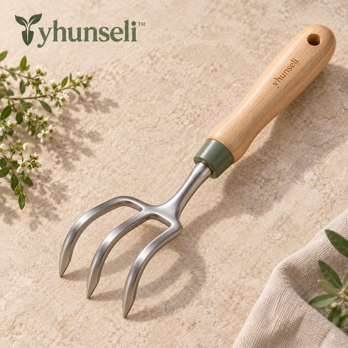 yhunseli™ Fieldcomb 3-Tine Hand Cultivator — Stainless Steel Garden Soil Loosener with Wood Handle for Beds & Containers