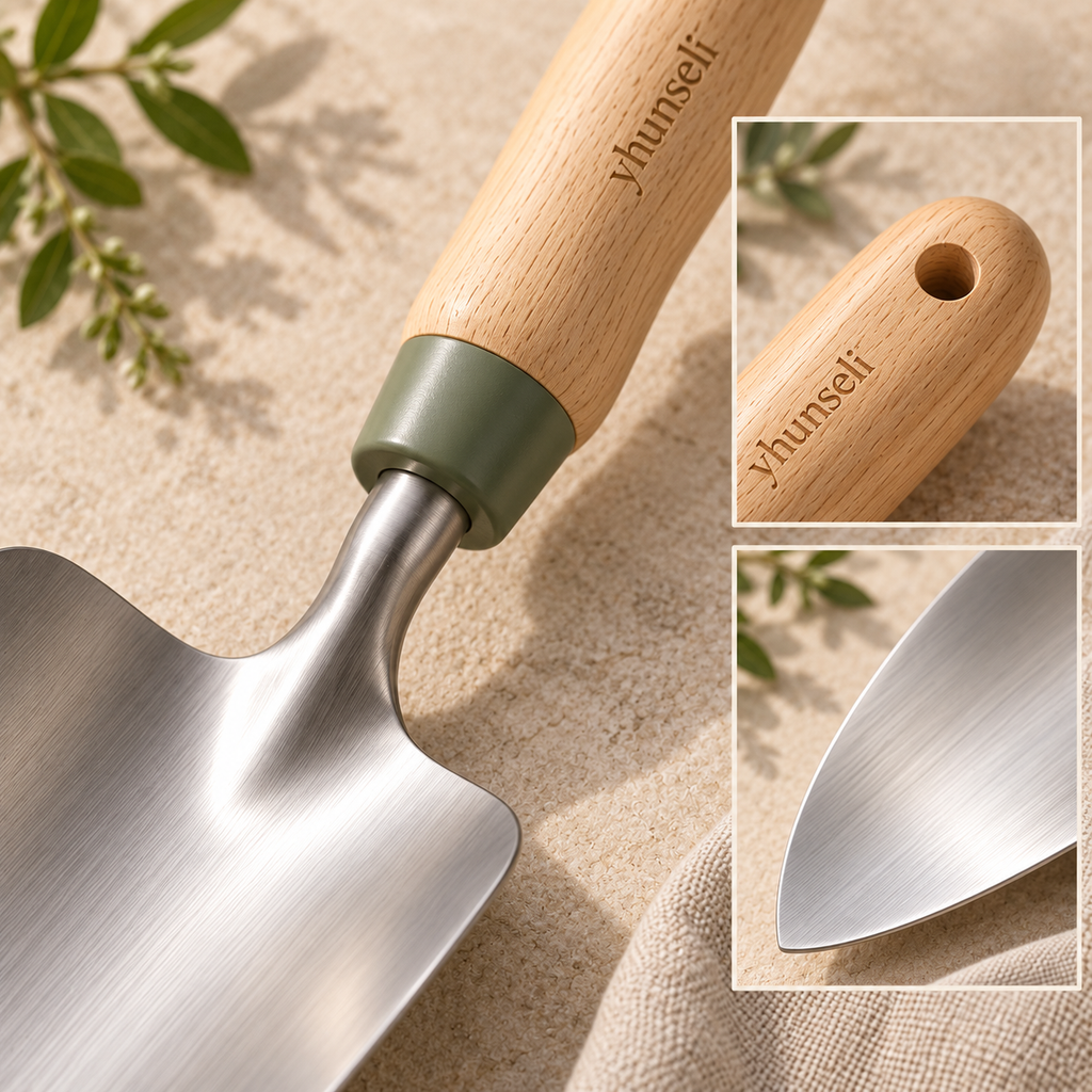 yhunseli™ Meadow Arc Stainless Steel Garden Hand Trowel — Wood Handle Planting Shovel for Pots, Flowers & Raised Beds