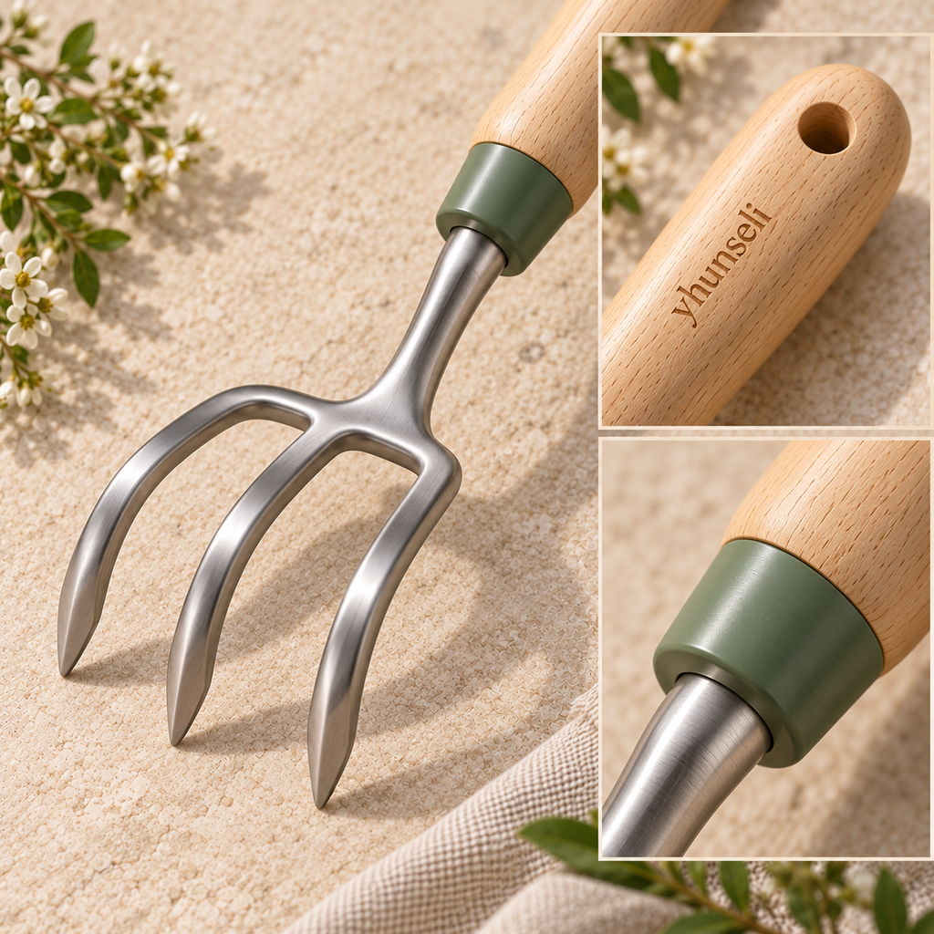 yhunseli™ Fieldcomb 3-Tine Hand Cultivator — Stainless Steel Garden Soil Loosener with Wood Handle for Beds & Containers