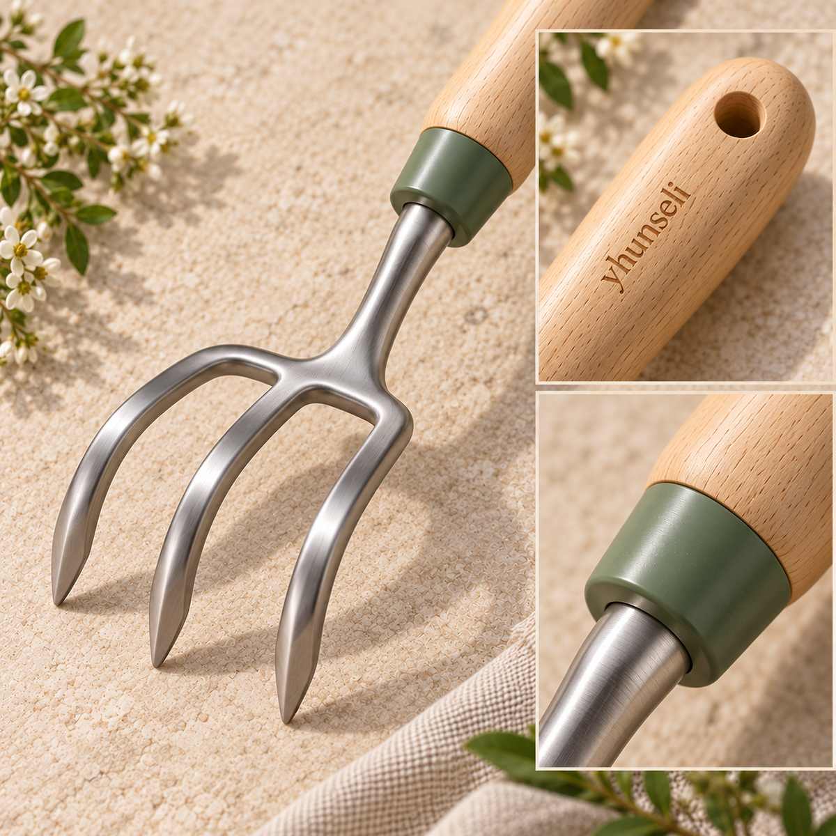 yhunseli™ Fieldcomb 3-Tine Hand Cultivator — Stainless Steel Garden Soil Loosener with Wood Handle for Beds & Containers