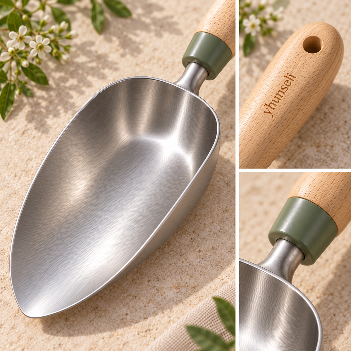 yhunseli™ Soilfold Stainless Steel Potting Scoop — Deep Garden Soil Scoop with Wood Handle for Potting Mix & Container Planting