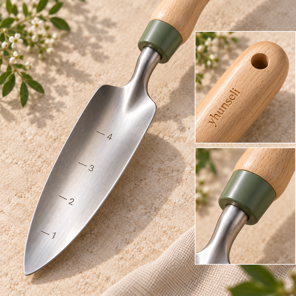 yhunseli™ Rootline Narrow Garden Transplanter — Stainless Steel Planting Trowel with Inch Depth Marks & Wood Handle