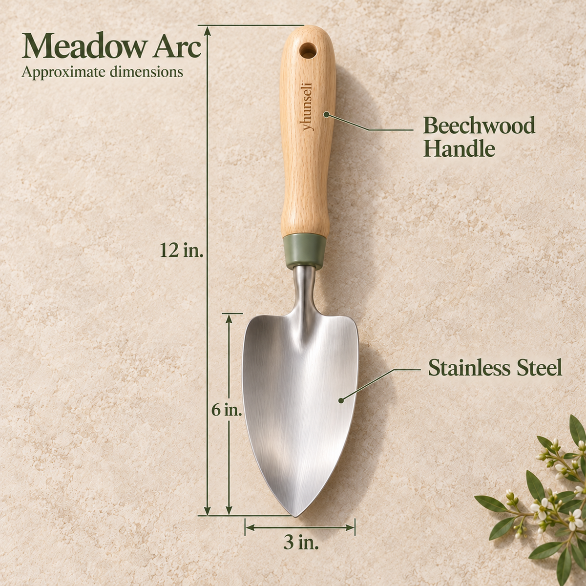 yhunseli™ Meadow Arc Stainless Steel Garden Hand Trowel — Wood Handle Planting Shovel for Pots, Flowers & Raised Beds