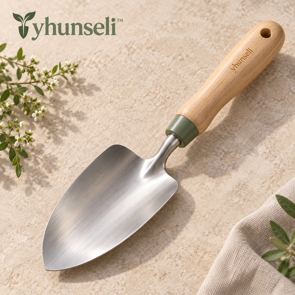 yhunseli™ Meadow Arc Stainless Steel Garden Hand Trowel — Wood Handle Planting Shovel for Pots, Flowers & Raised Beds