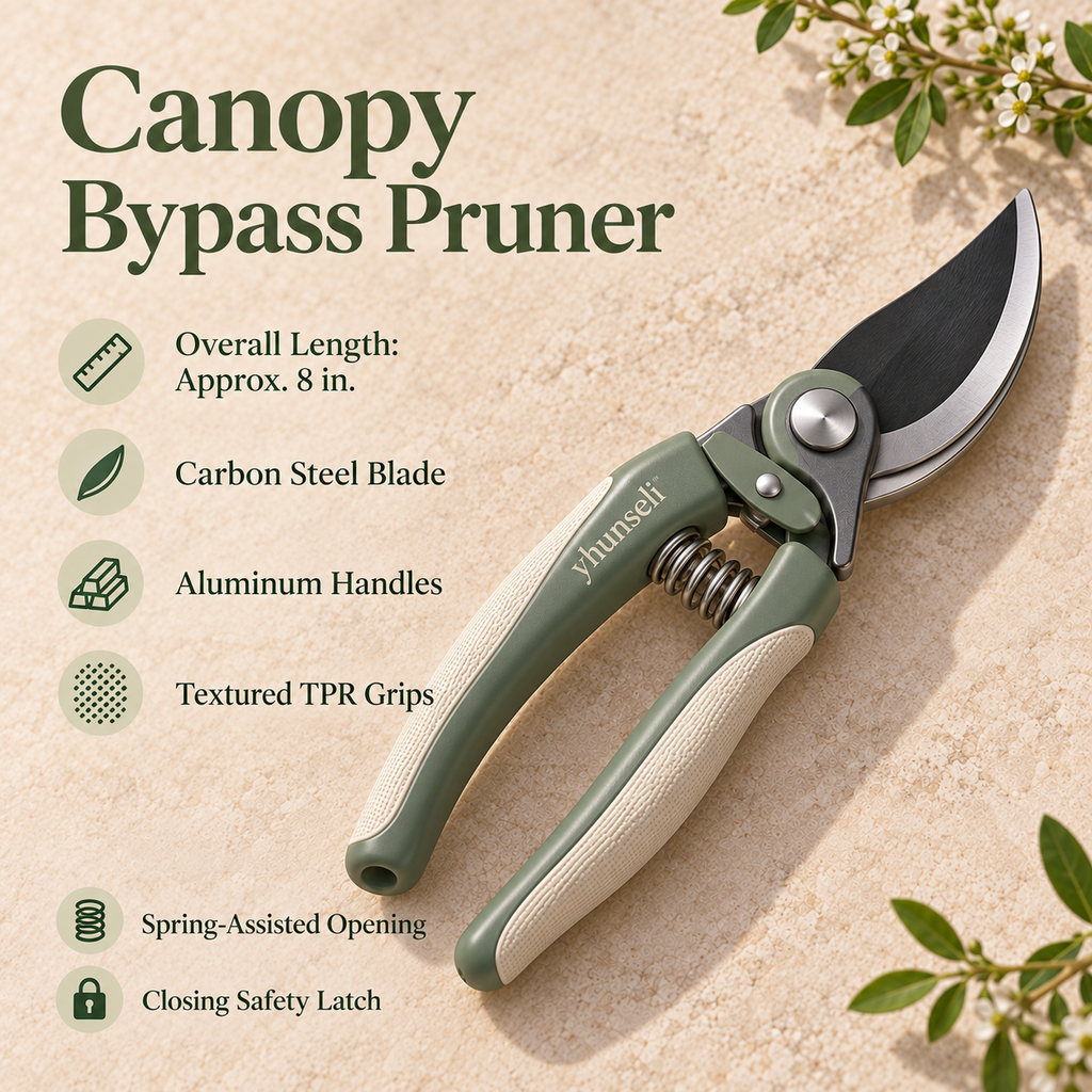 yhunseli™ Canopy Bypass Pruning Shears — Manual Garden Hand Pruner with Safety Latch for Live Stems & Small Branches