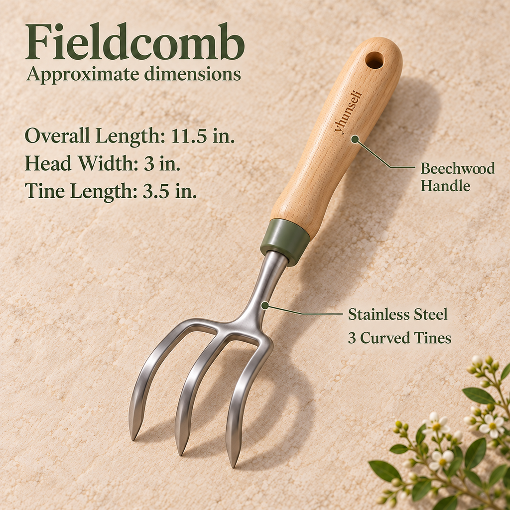 yhunseli™ Fieldcomb 3-Tine Hand Cultivator — Stainless Steel Garden Soil Loosener with Wood Handle for Beds & Containers