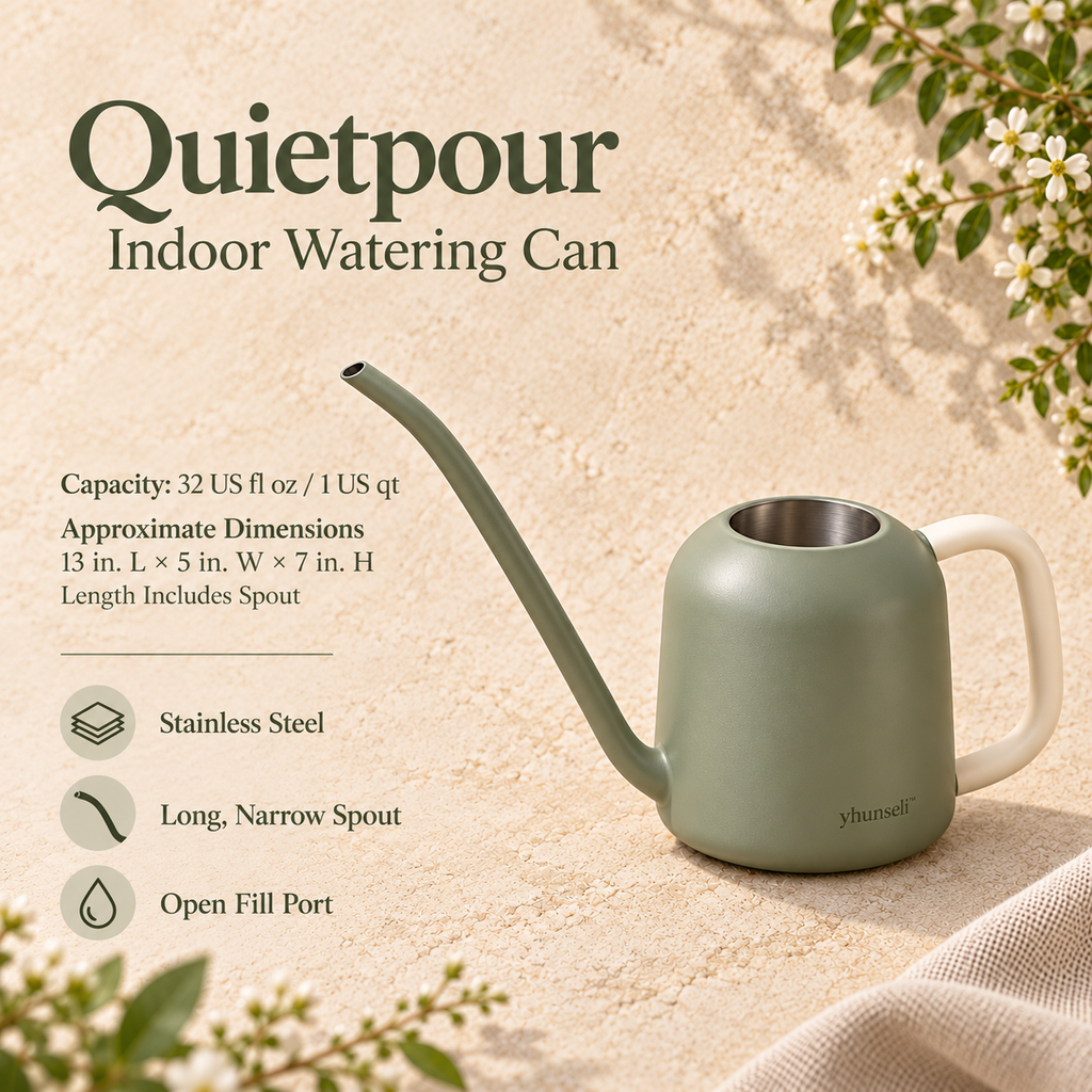 yhunseli™ Quietpour 32 fl oz Stainless Steel Watering Can — Long Spout Indoor Plant Waterer for Houseplants & Small Containers