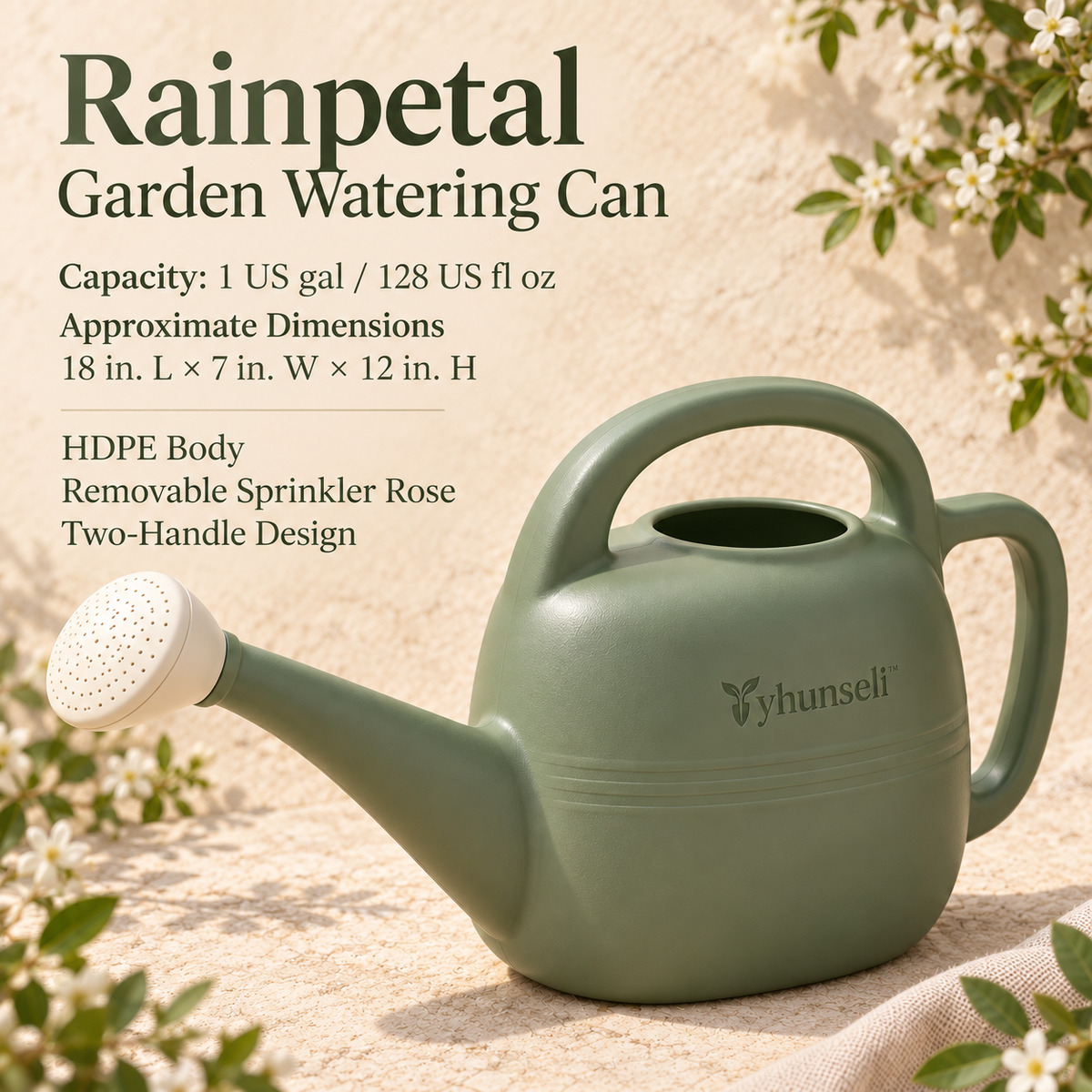 yhunseli™ Rainpetal 1-Gallon Garden Watering Can — Removable Sprinkler Rose Waterer for Patio Pots, Seedlings & Raised Beds