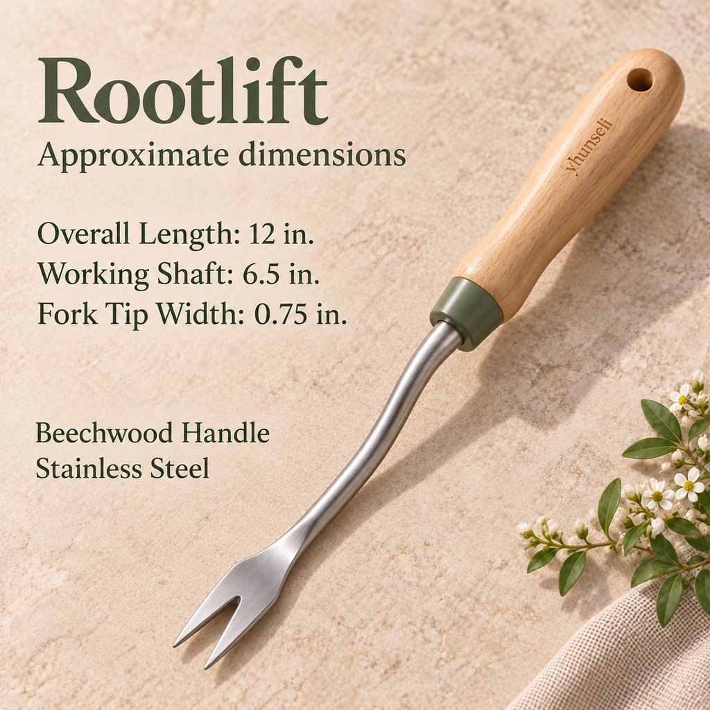 yhunseli™ Rootlift Fork-Tip Hand Weeder — Stainless Steel Manual Weed Removal Tool with Wood Handle for Garden Beds