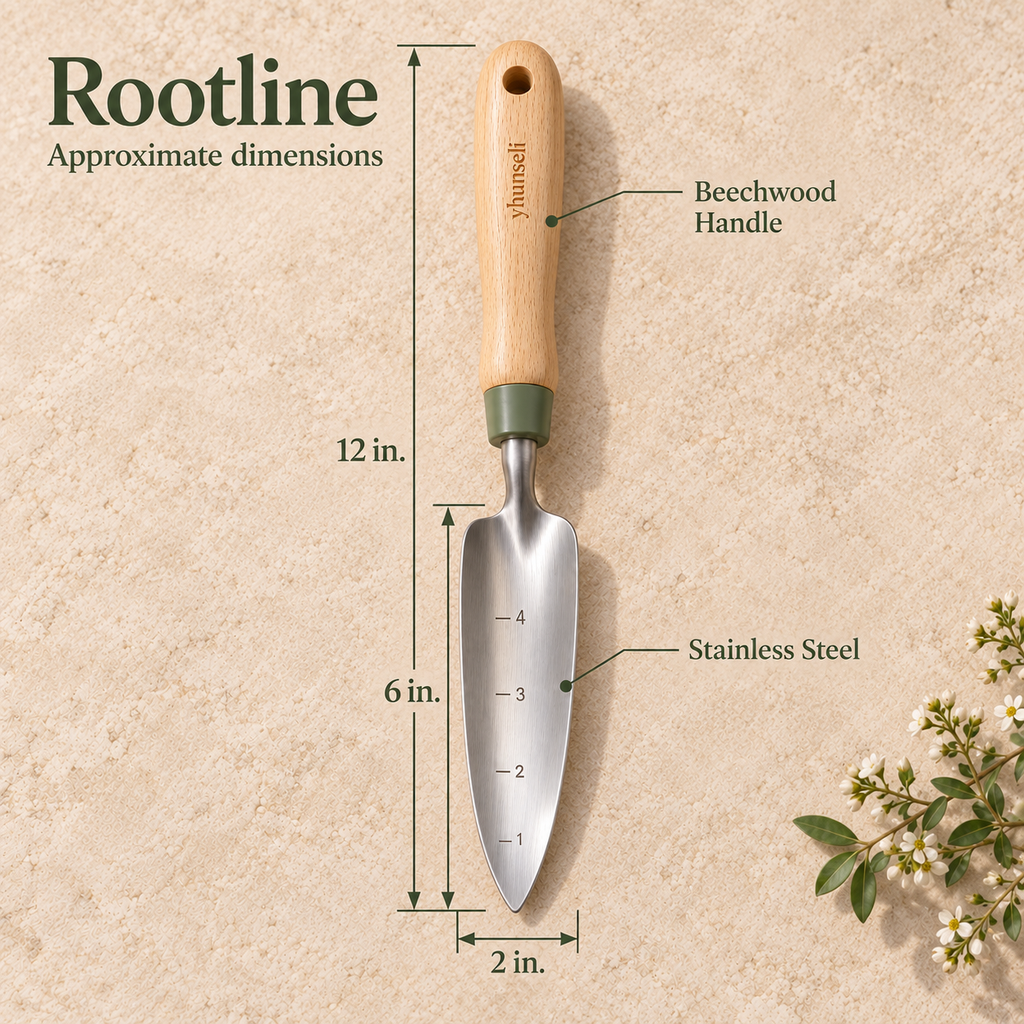 yhunseli™ Rootline Narrow Garden Transplanter — Stainless Steel Planting Trowel with Inch Depth Marks & Wood Handle
