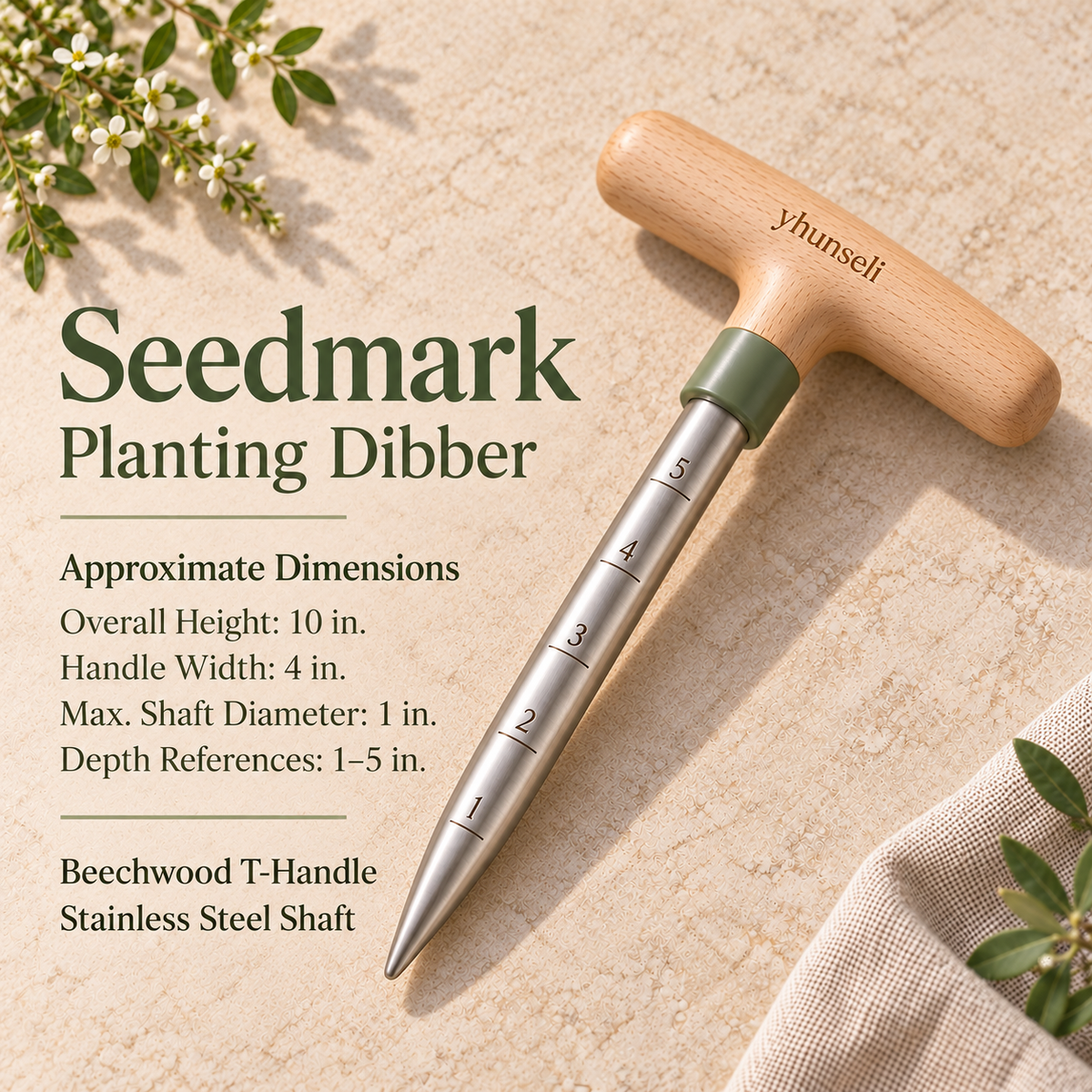 yhunseli™ Seedmark Garden Dibber — Wood Handle Seed Planting Tool with Inch Depth Marks for Seeds, Starts & Small Bulbs
