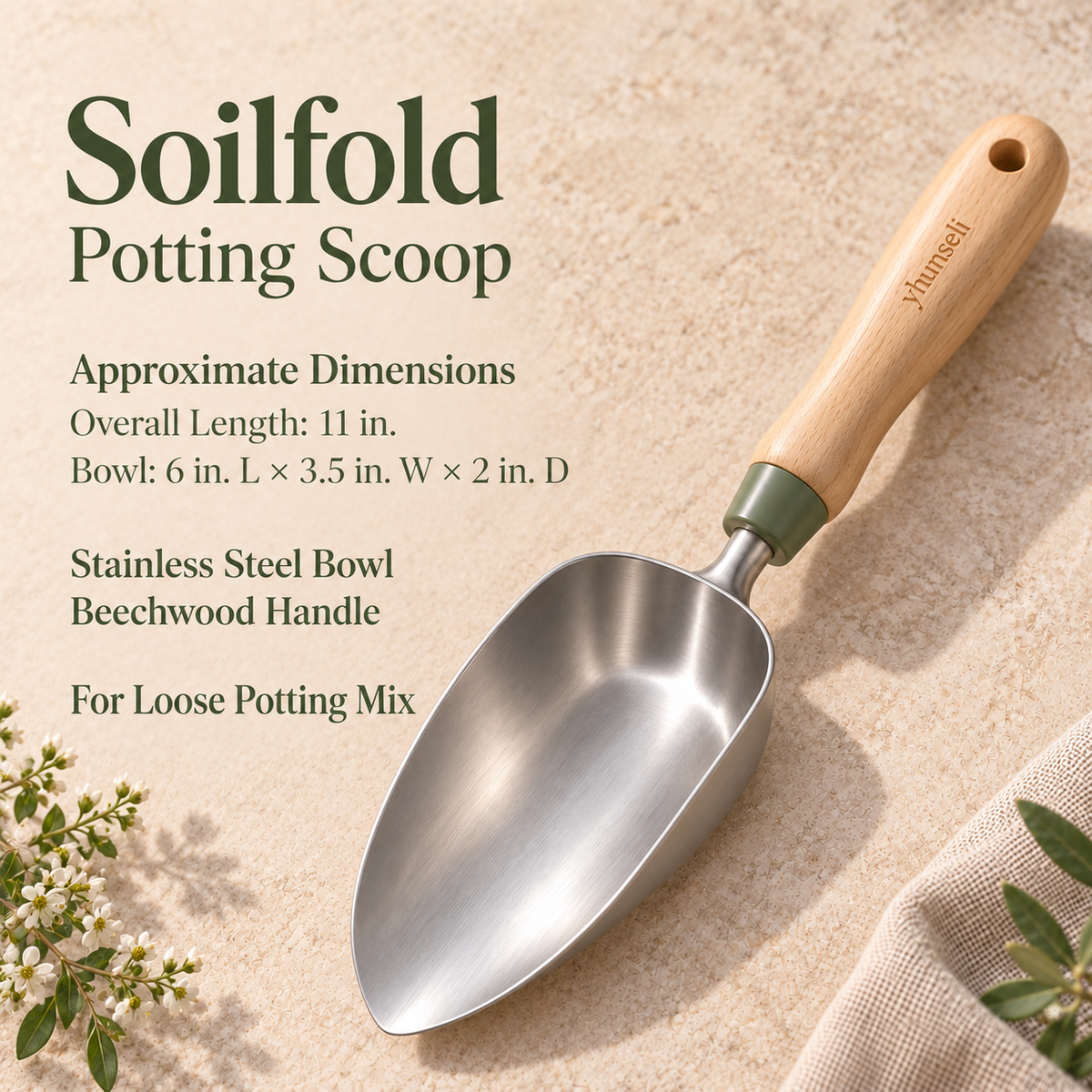 yhunseli™ Soilfold Stainless Steel Potting Scoop — Deep Garden Soil Scoop with Wood Handle for Potting Mix & Container Planting