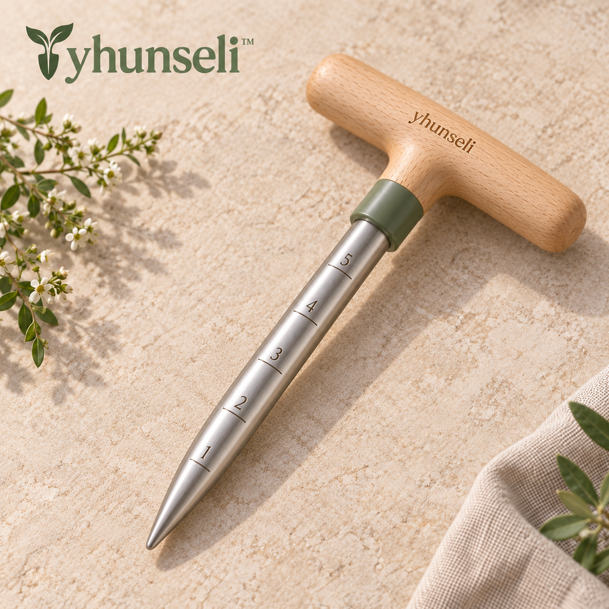 yhunseli™ Seedmark Garden Dibber — Wood Handle Seed Planting Tool with Inch Depth Marks for Seeds, Starts & Small Bulbs