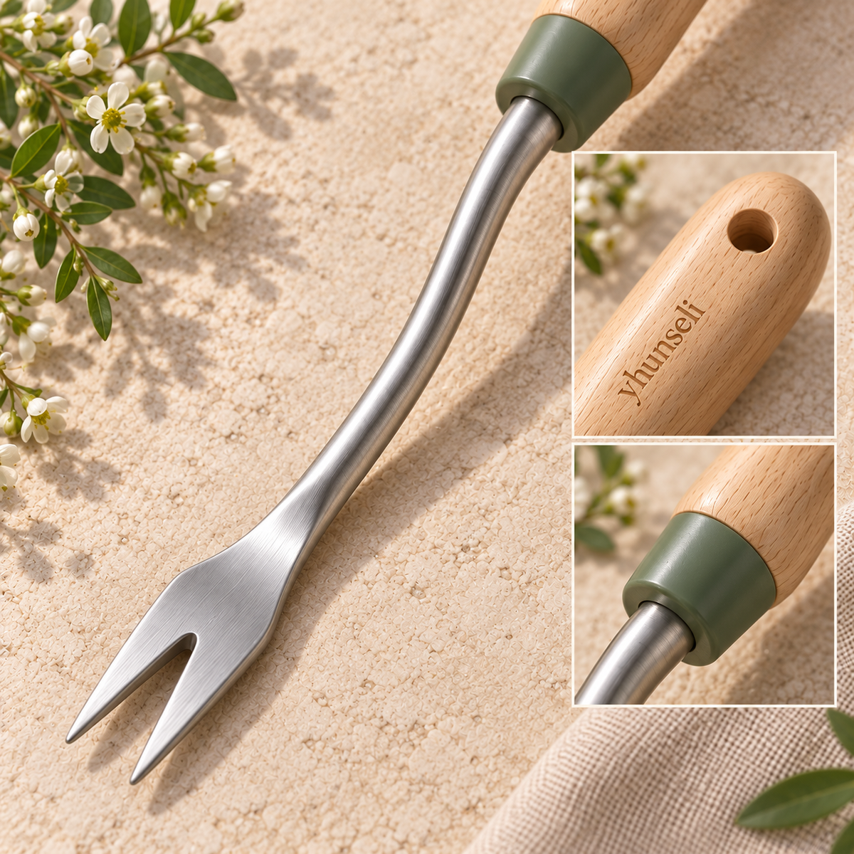yhunseli™ Rootlift Fork-Tip Hand Weeder — Stainless Steel Manual Weed Removal Tool with Wood Handle for Garden Beds