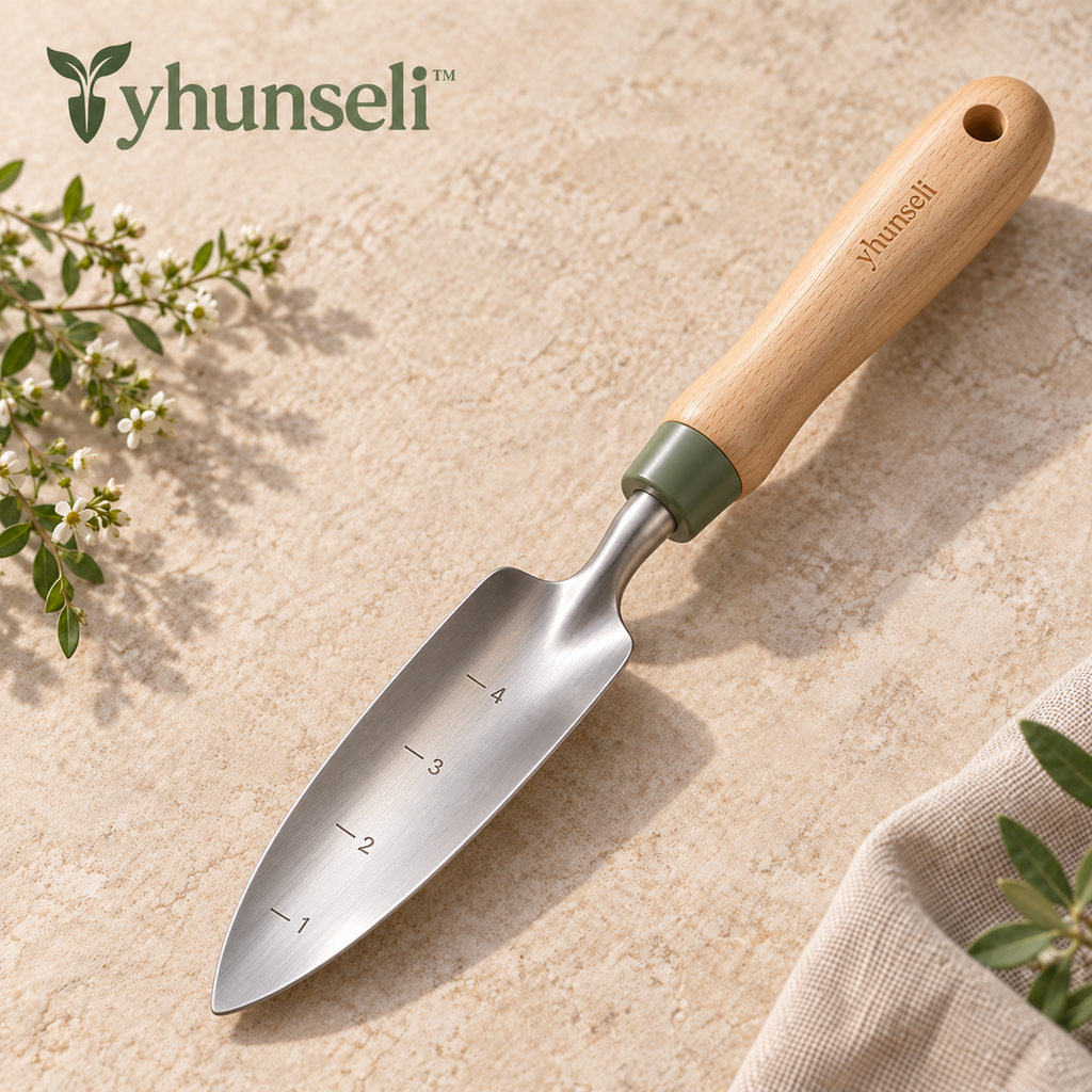 yhunseli™ Rootline Narrow Garden Transplanter — Stainless Steel Planting Trowel with Inch Depth Marks & Wood Handle