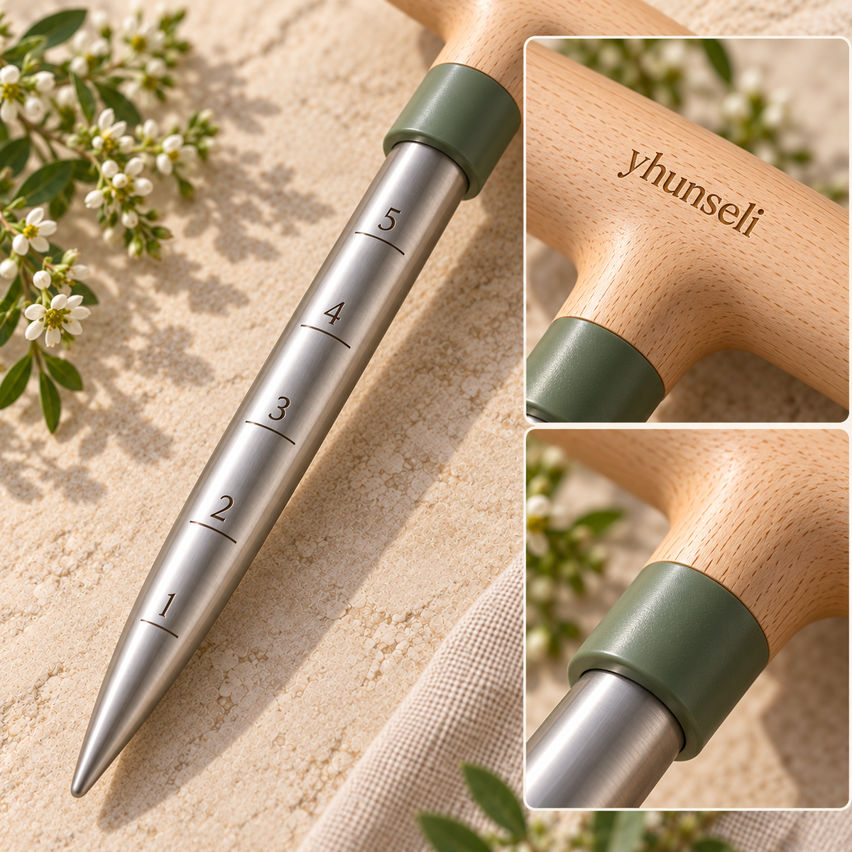 yhunseli™ Seedmark Garden Dibber — Wood Handle Seed Planting Tool with Inch Depth Marks for Seeds, Starts & Small Bulbs